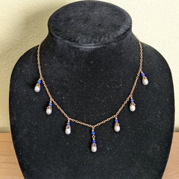 14K Gold Fill Pearl Teardrop Blue Necklace Delicate Preppy Gift Quiet Luxury - Picture 1 of 11